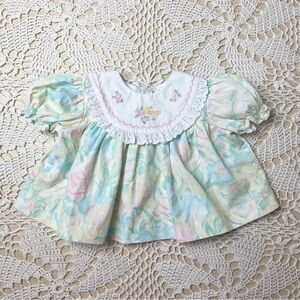 Vintage 1980s Baby Togs Girls 6-9 Months Pastel Floral Butterfly Collar Blouse